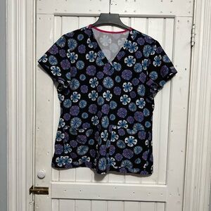 Medcouture Black, Pink, and Blue Floral Scrub Top